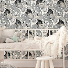 Retro Tropical Leaves Peel and Stick Wallpaper in a room setting