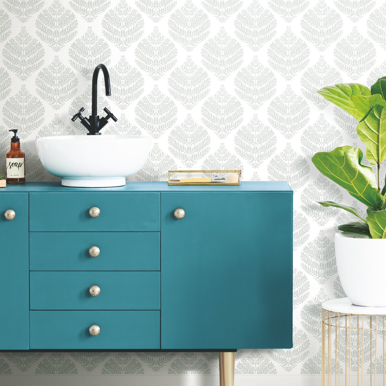 Hygge Fern Damask Peel and Stick Wallpaper in a room setting