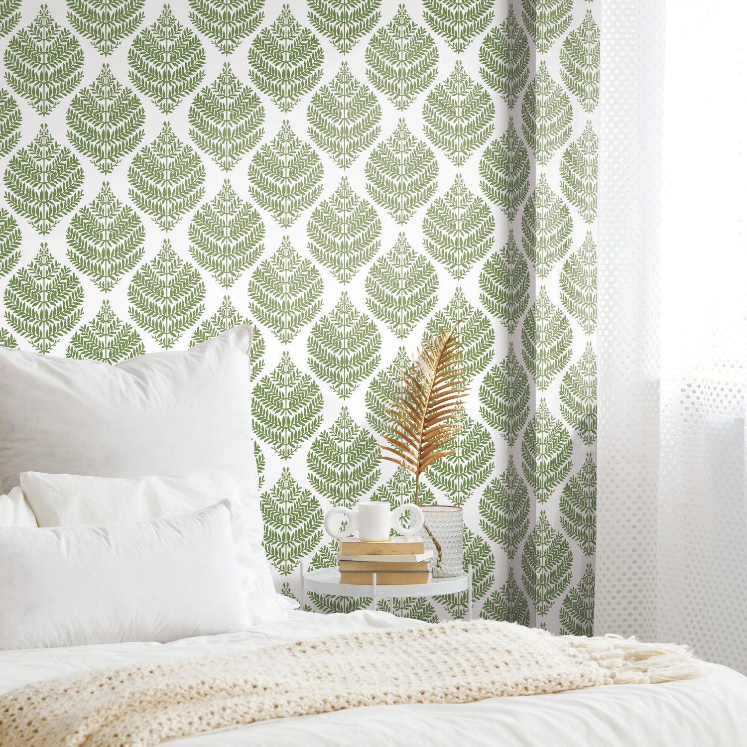 Hygge Fern Damask Peel and Stick Wallpaper in a room setting