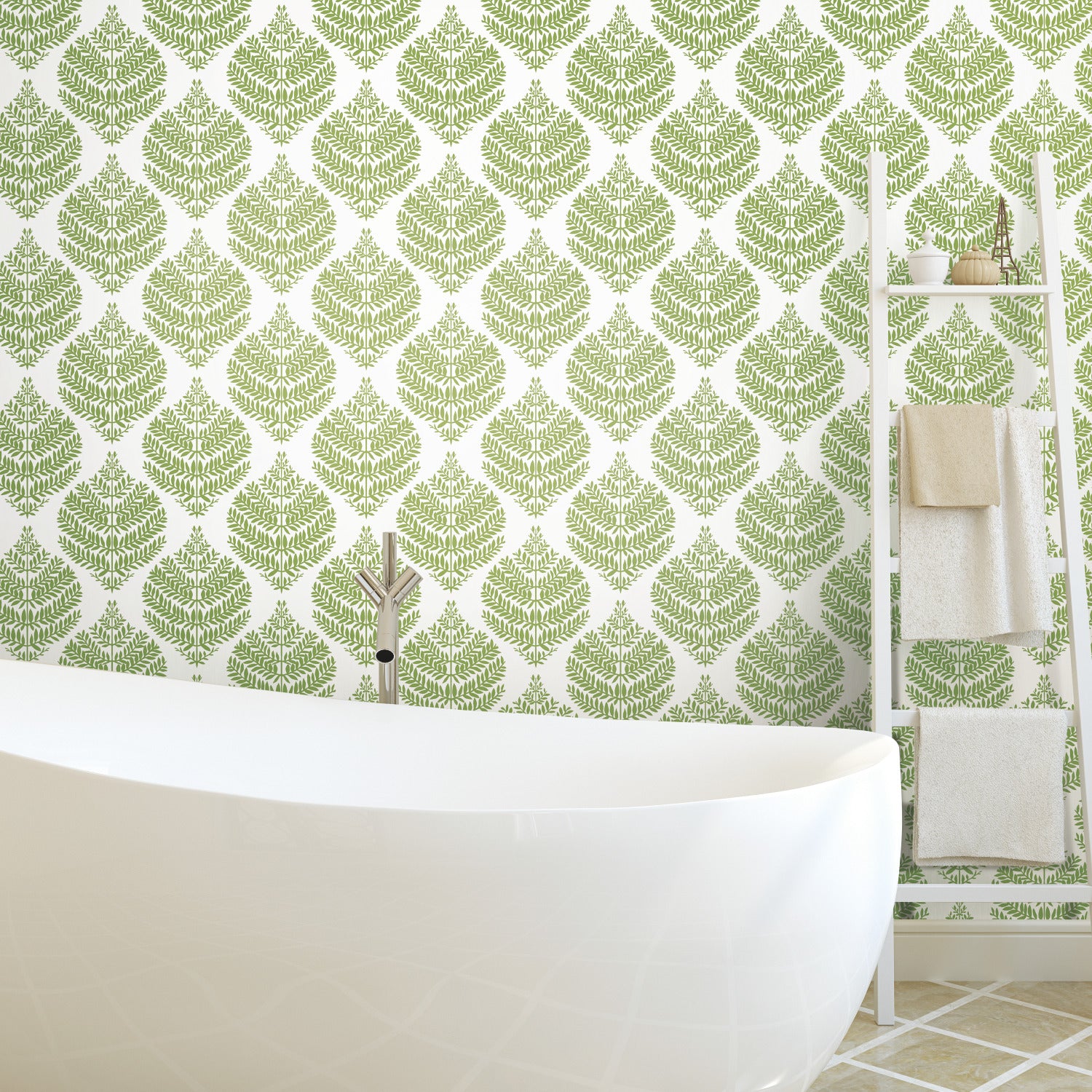 Hygge Fern Damask Peel and Stick Wallpaper in a room setting