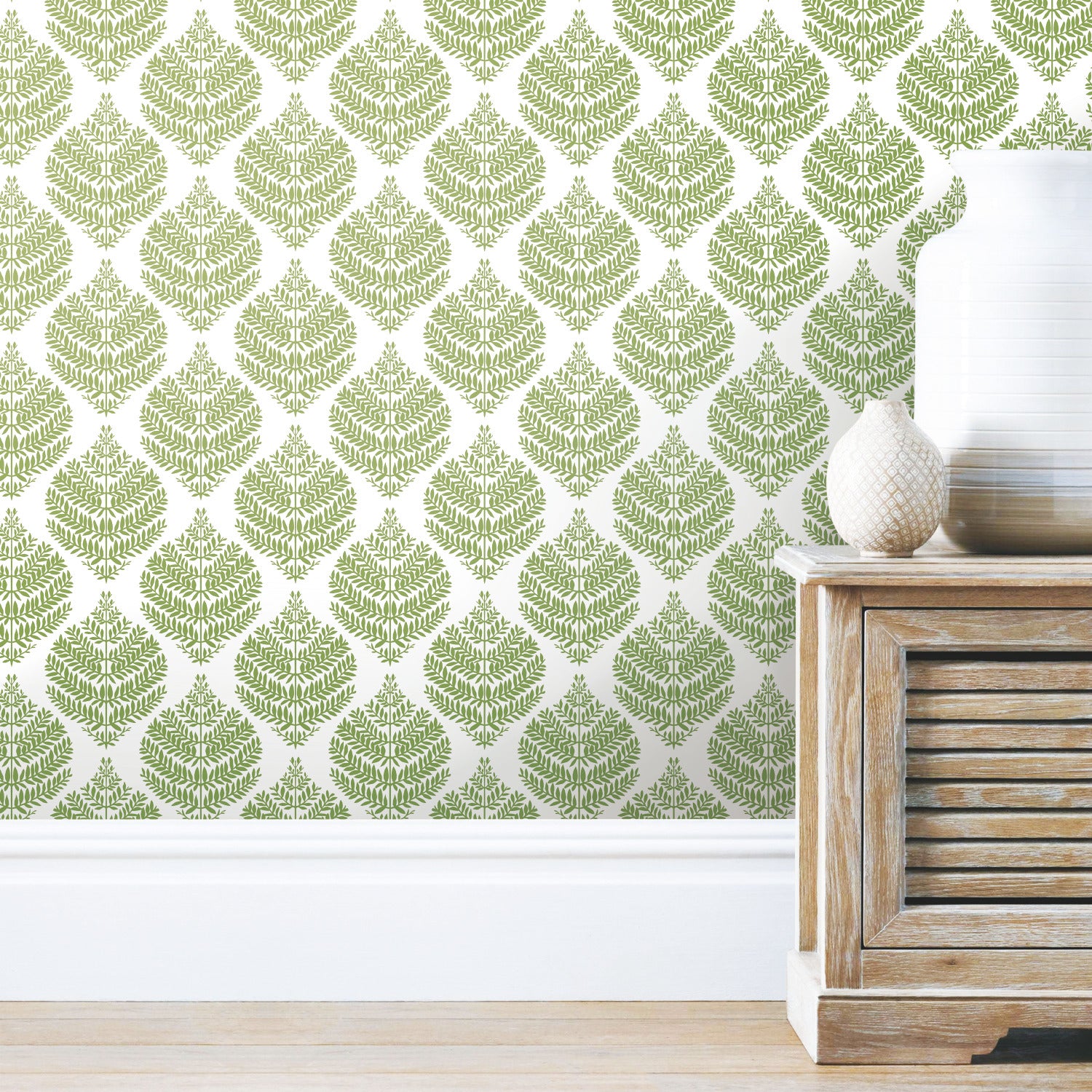 Hygge Fern Damask Peel and Stick Wallpaper in a room setting