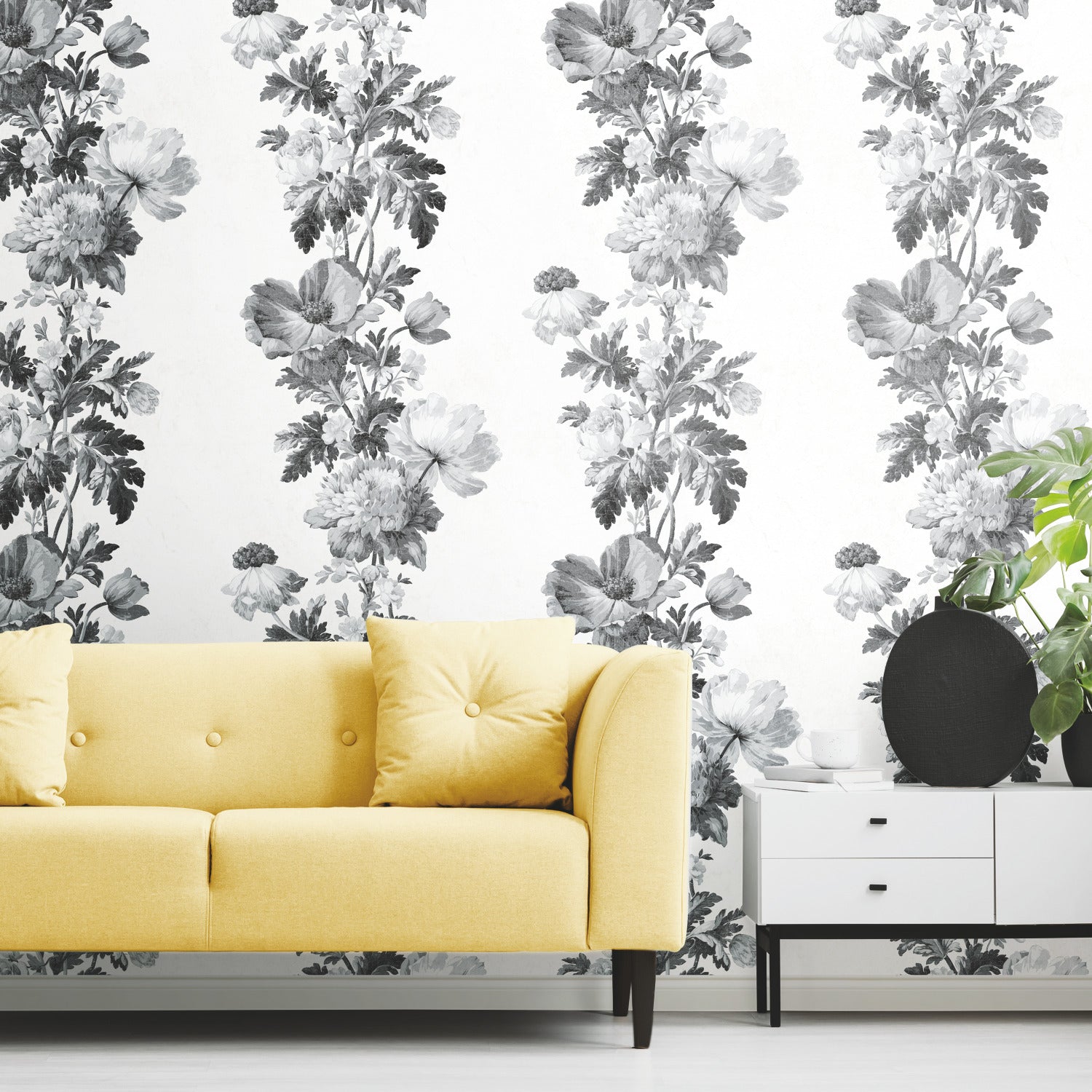 Watercolor Floral Stripe P&S Wallpaper in a room setting