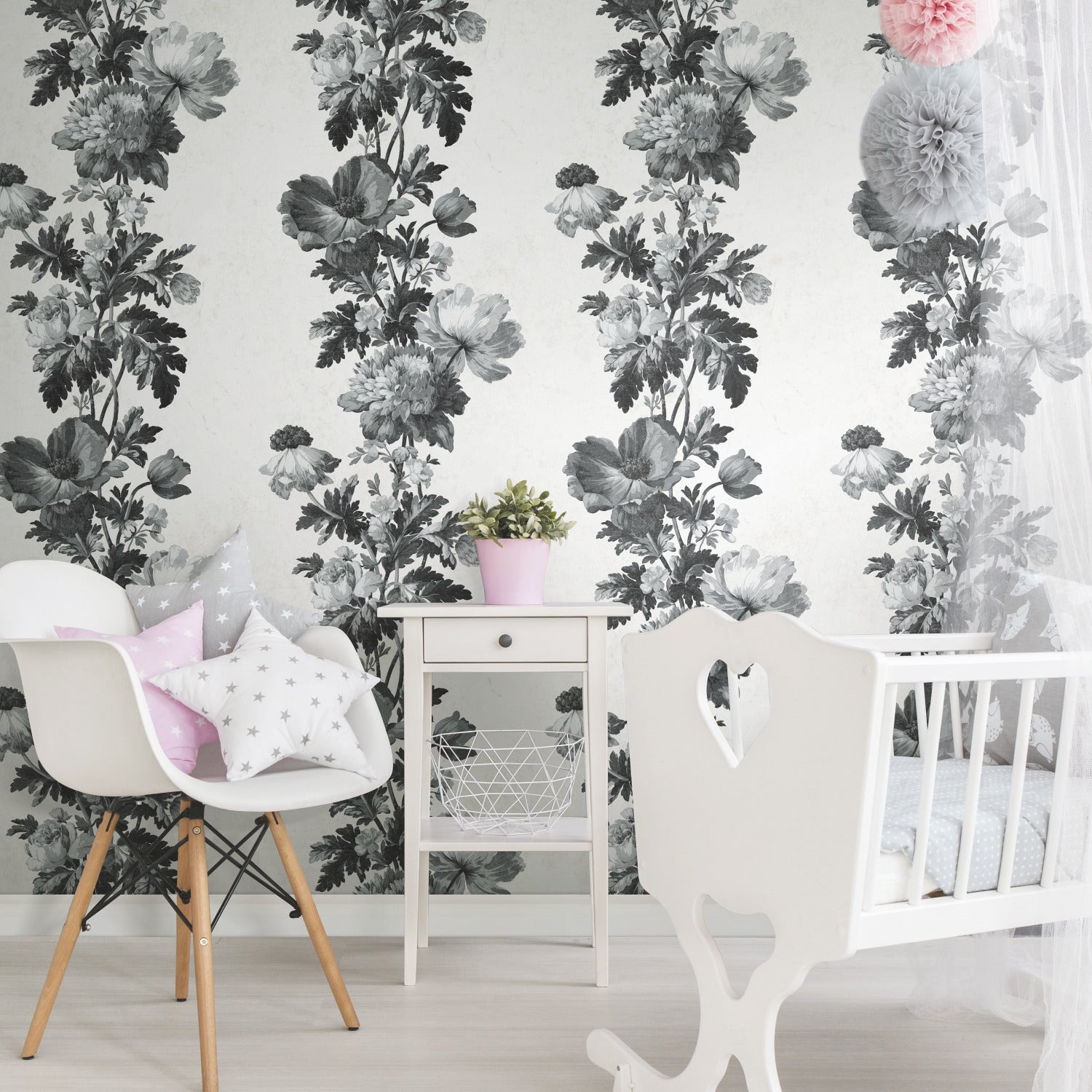 Watercolor Floral Stripe P&S Wallpaper in a room setting