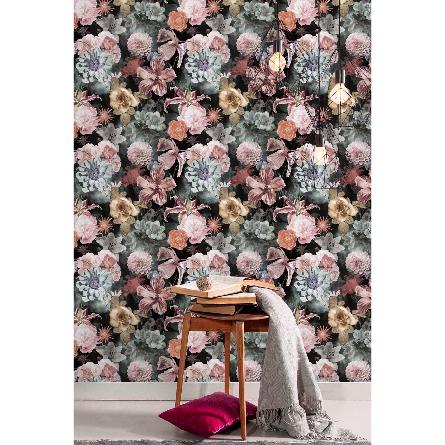 Vintage Floral Blooms P&S Wallpaper in a room setting