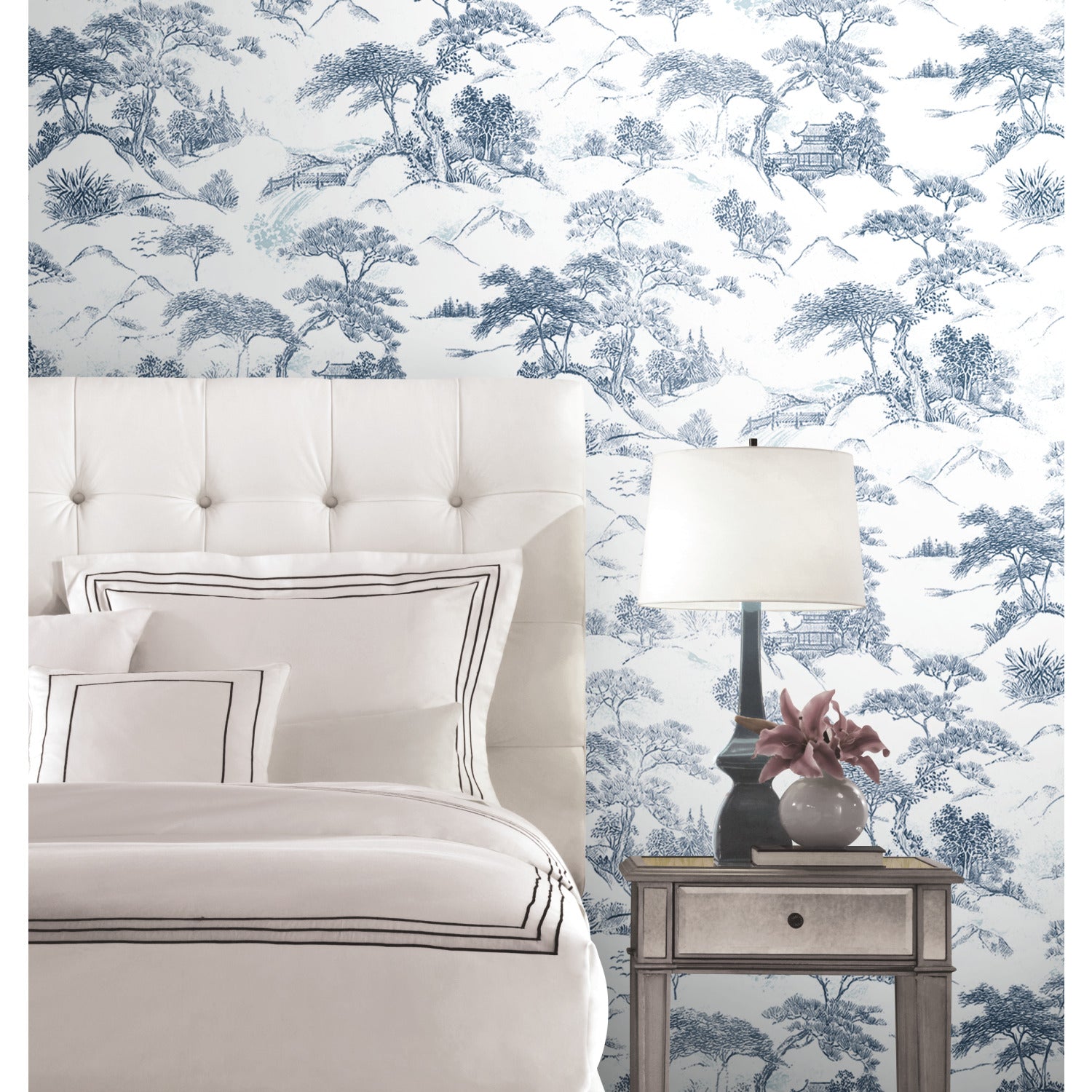 Oriental Toile Peel and Stick Wallpaper in a room setting