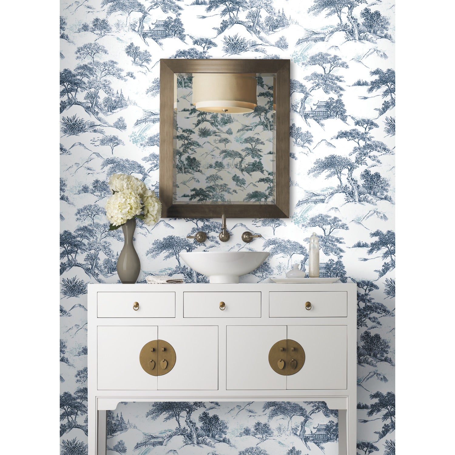 Oriental Toile Peel and Stick Wallpaper in a room setting