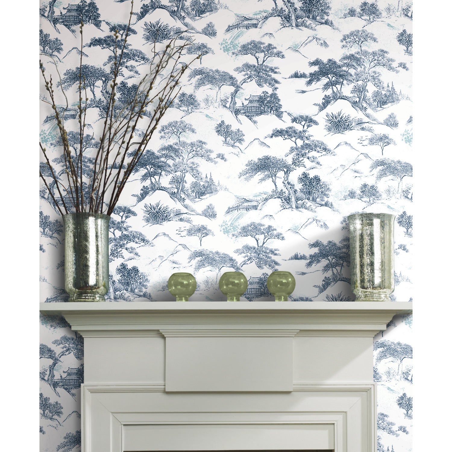 Oriental Toile Peel and Stick Wallpaper in a room setting
