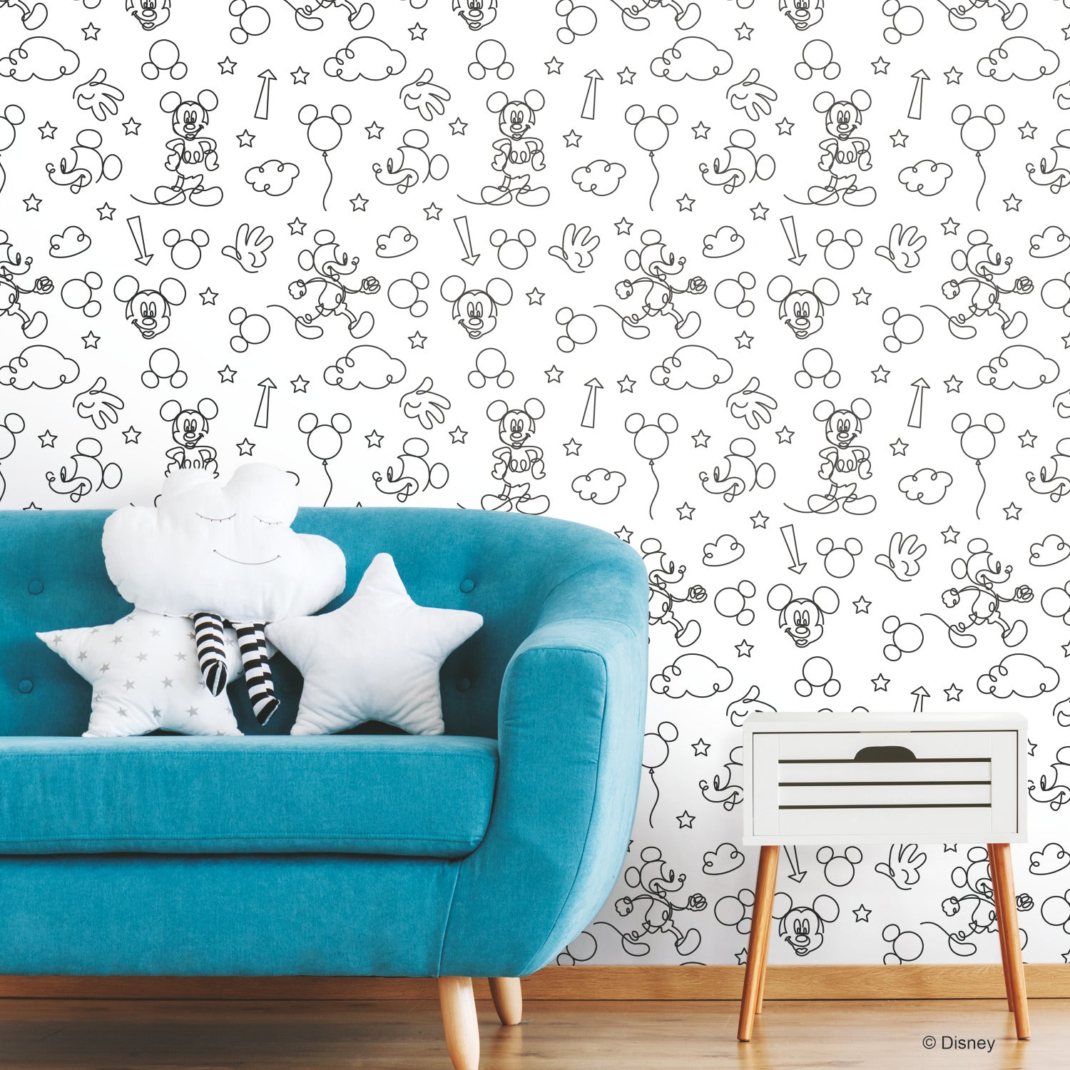 Mickey Mouse Line Art Wall Decals in a room setting