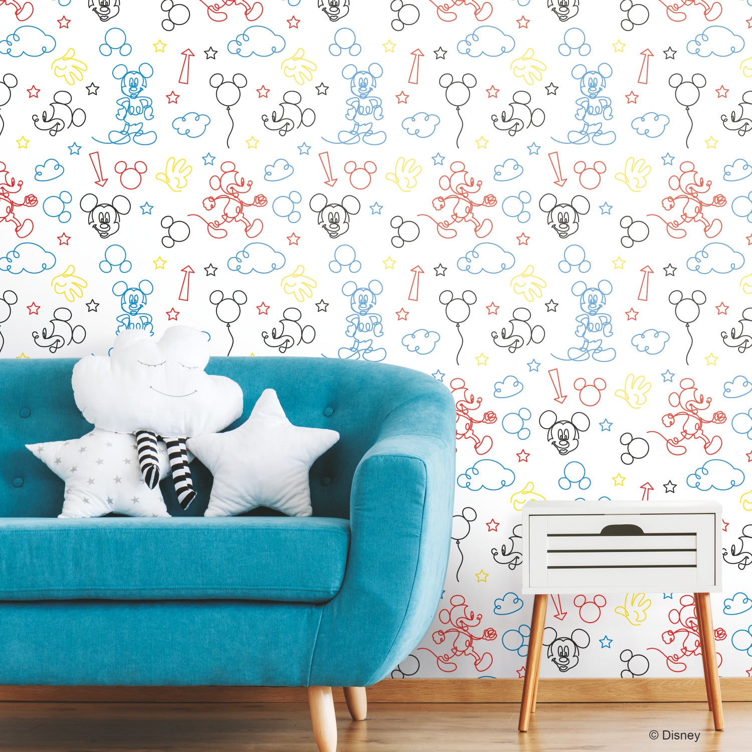 Mickey Mouse Line Art Wall Decals in a room setting