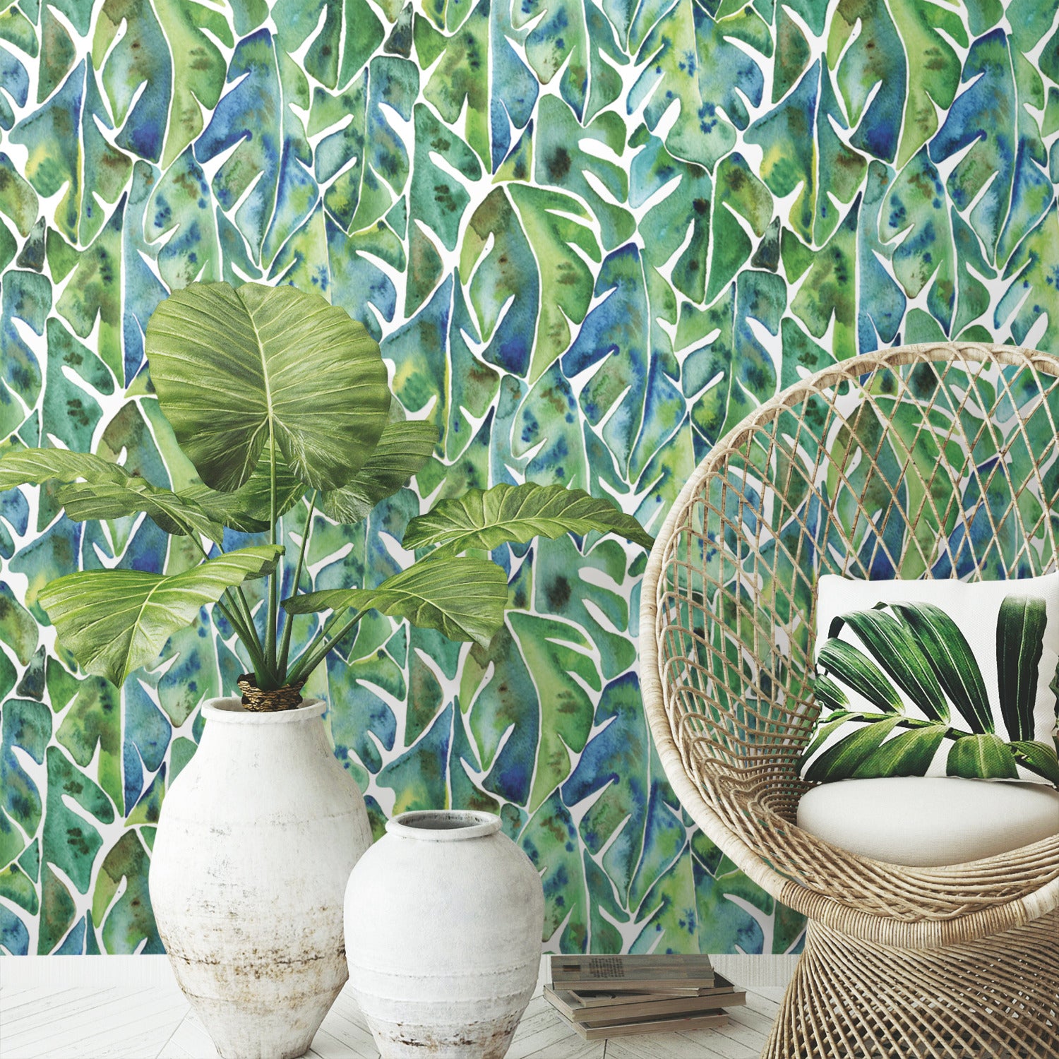 Cat Coquillette Philodendron Peel and Stick Wallpaper in a room setting
