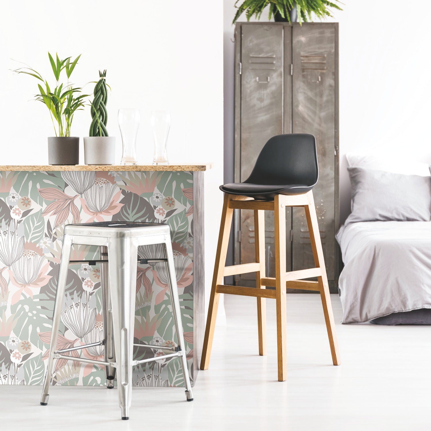 Retro Tropical Leaves Peel and Stick Wallpaper in a room setting