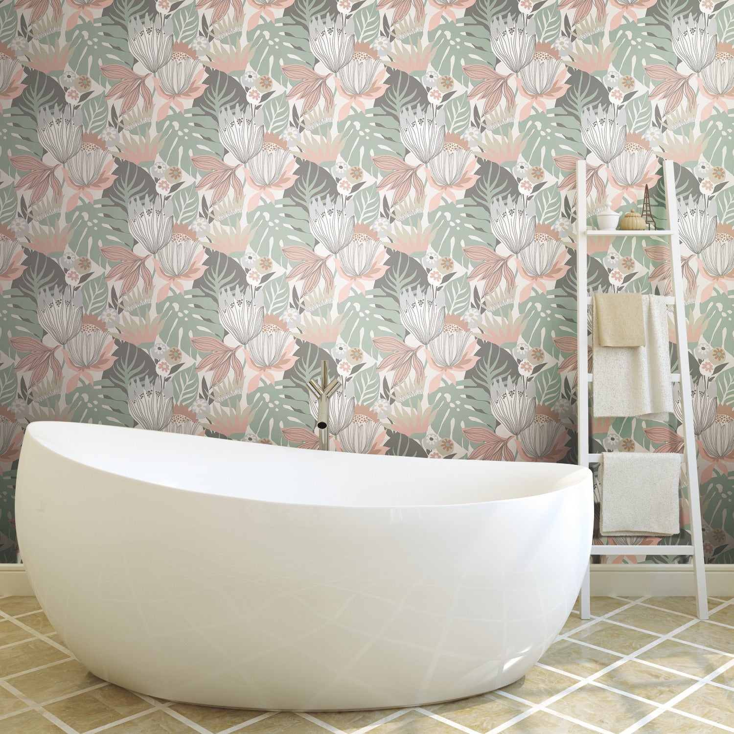 Retro Tropical Leaves Peel and Stick Wallpaper in a room setting