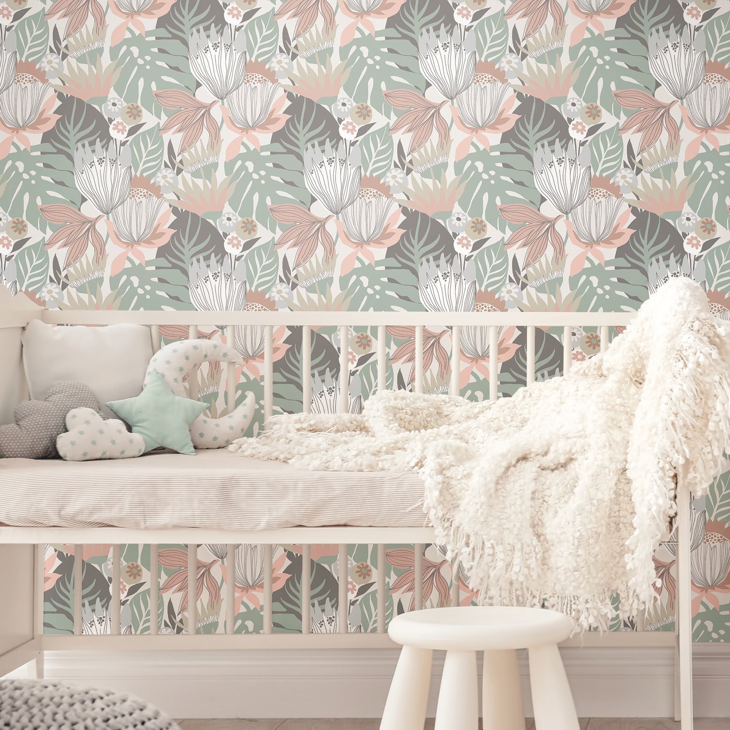 Retro Tropical Leaves Peel and Stick Wallpaper in a room setting