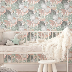 Retro Tropical Leaves Peel and Stick Wallpaper in a room setting