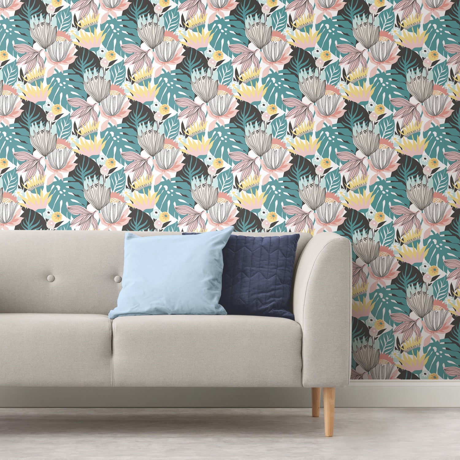Retro Tropical Leaves Peel and Stick Wallpaper in a room setting