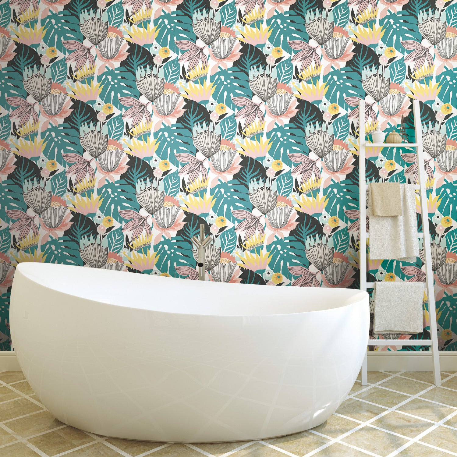 Retro Tropical Leaves Peel and Stick Wallpaper in a room setting
