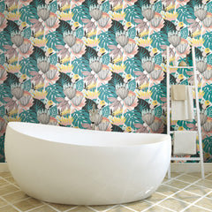 Retro Tropical Leaves Peel and Stick Wallpaper in a room setting