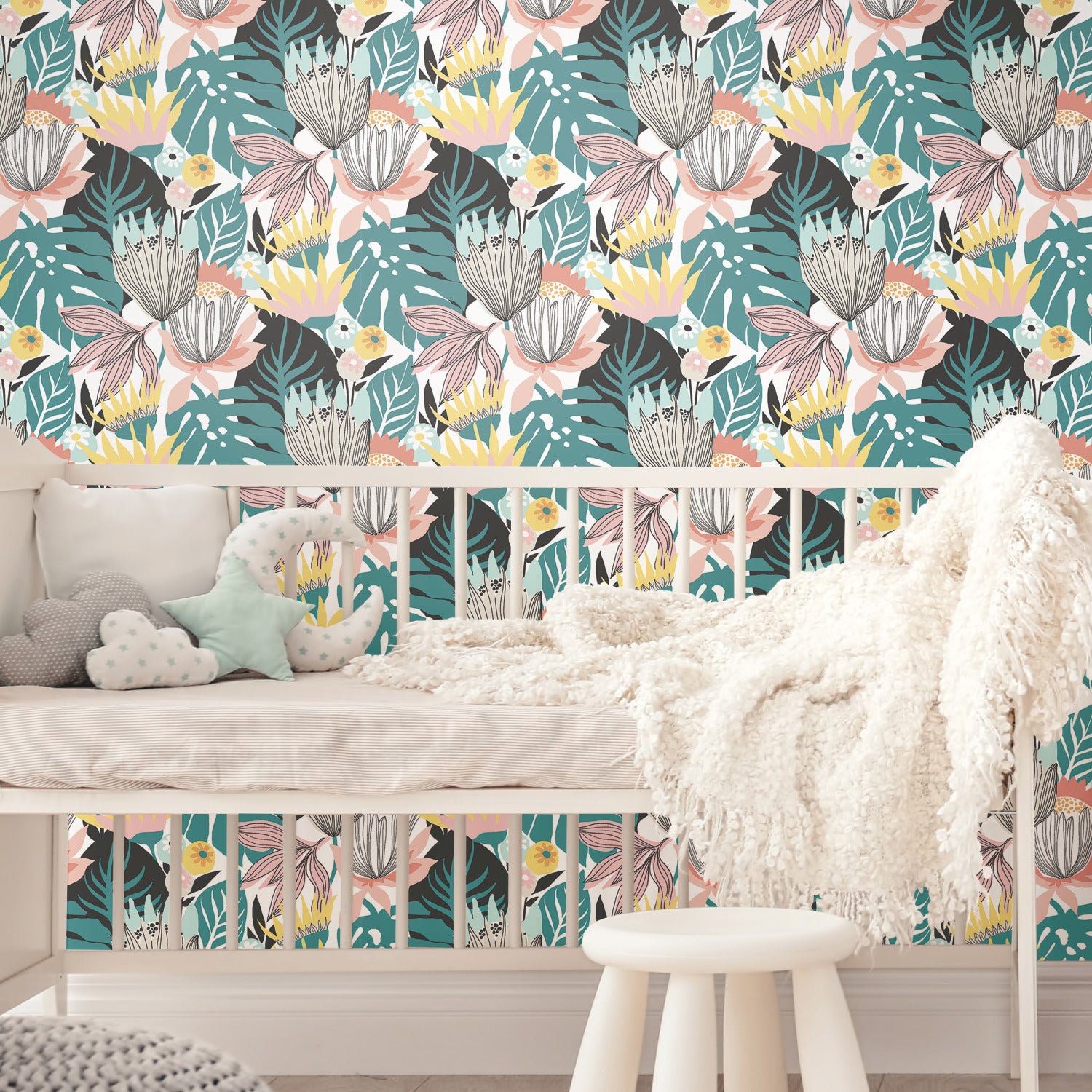 Retro Tropical Leaves Peel and Stick Wallpaper in a room setting