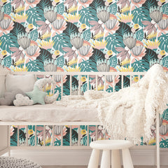 Retro Tropical Leaves Peel and Stick Wallpaper in a room setting