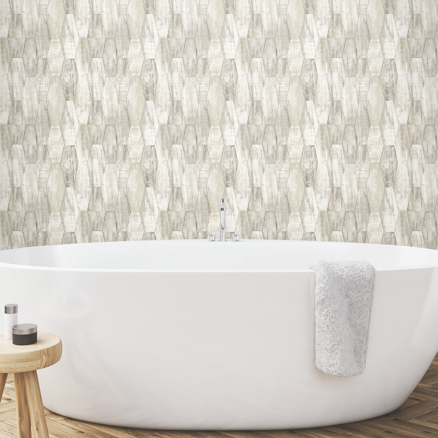 Wood Hexagon Tile P&S Wallpaper in a room setting