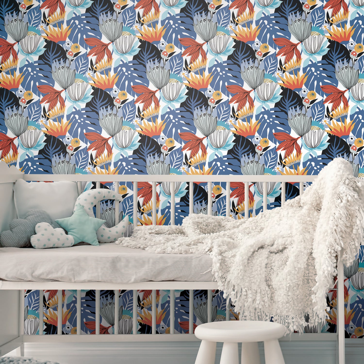 Retro Tropical Leaves P&S Wallpaper in a room setting