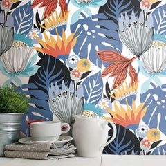 Retro Tropical Leaves P&S Wallpaper in a room setting