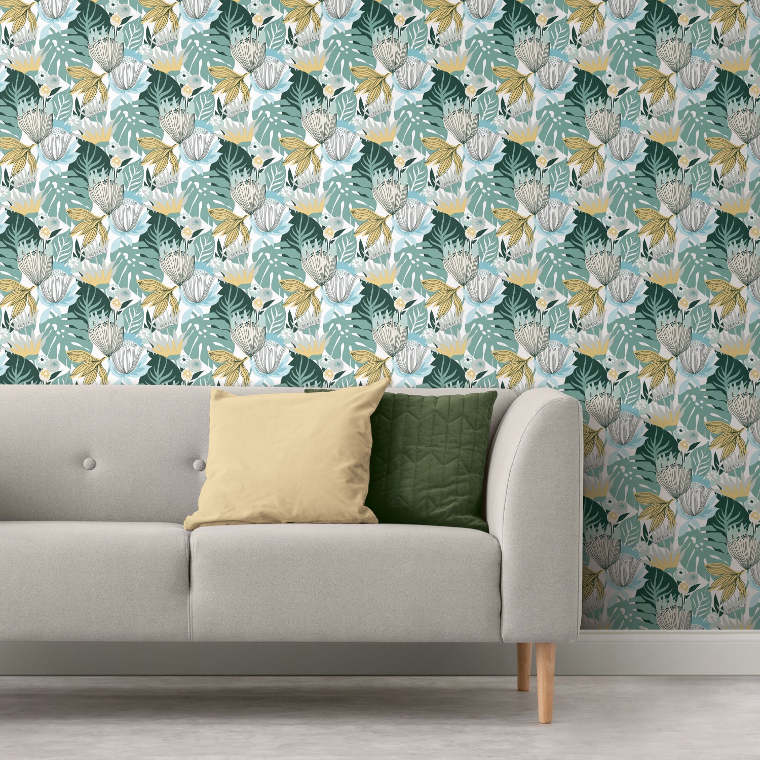 Retro Tropical Leaves Peel and Stick Wallpaper in a room setting