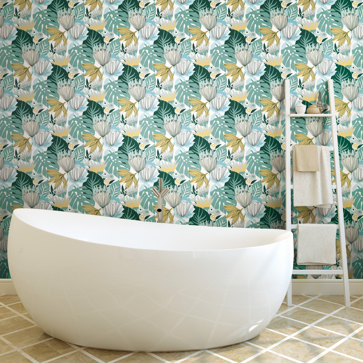 Retro Tropical Leaves Peel and Stick Wallpaper in a room setting