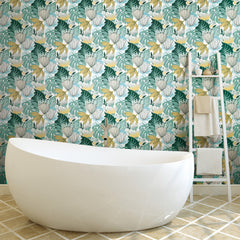 Retro Tropical Leaves Peel and Stick Wallpaper in a room setting