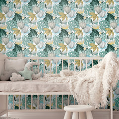 Retro Tropical Leaves Peel and Stick Wallpaper in a room setting