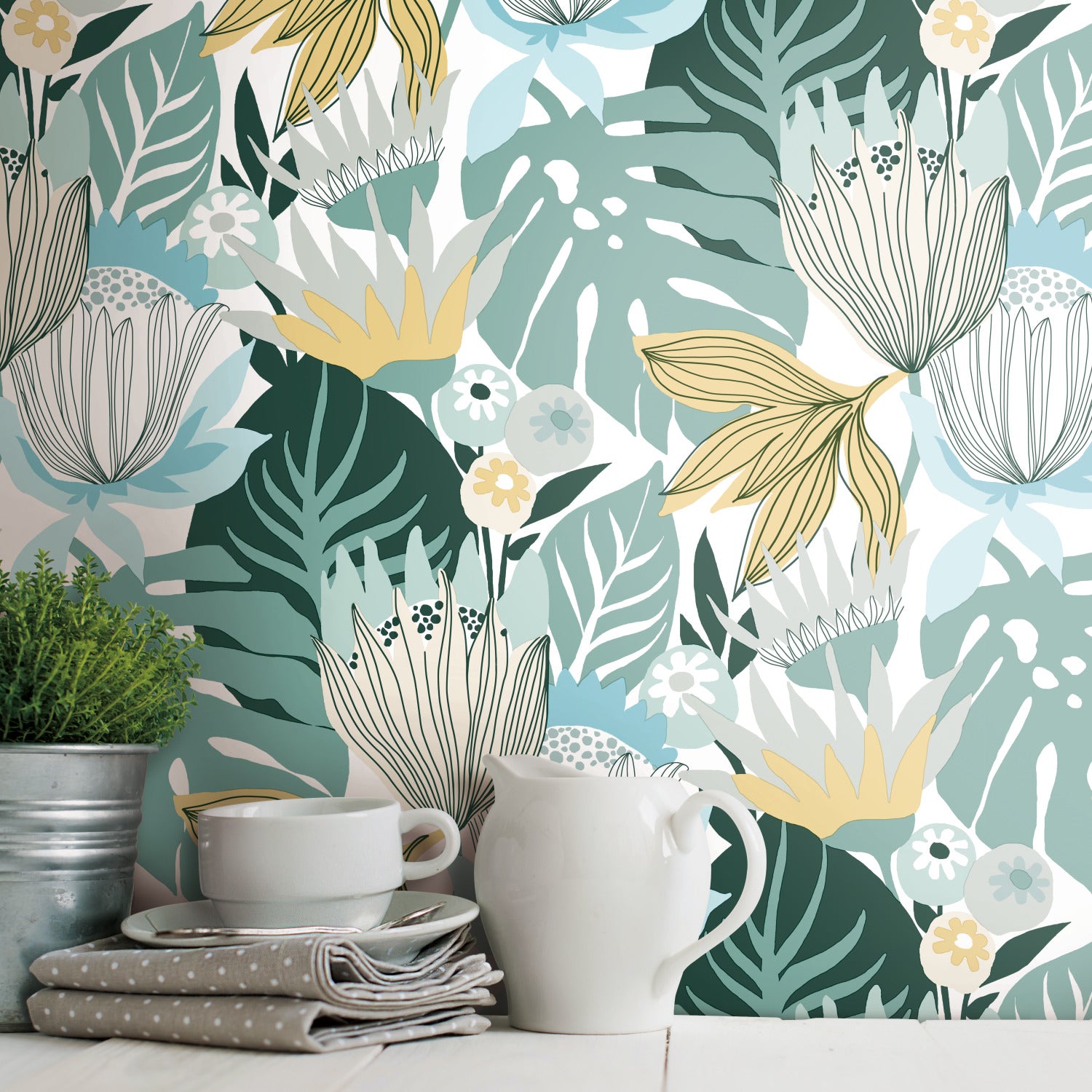 Retro Tropical Leaves Peel and Stick Wallpaper in a room setting