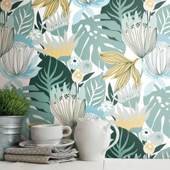 Retro Tropical Leaves Peel and Stick Wallpaper in a room setting