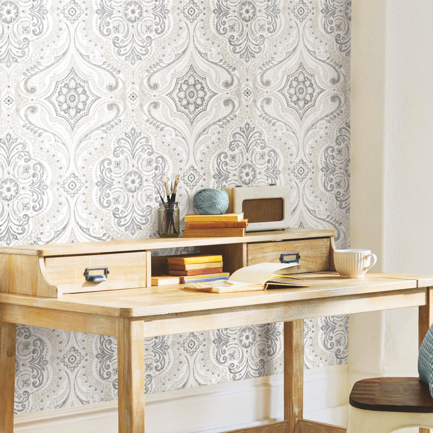 Bohemian Damask Peel and Stick Wallpaper in a room setting