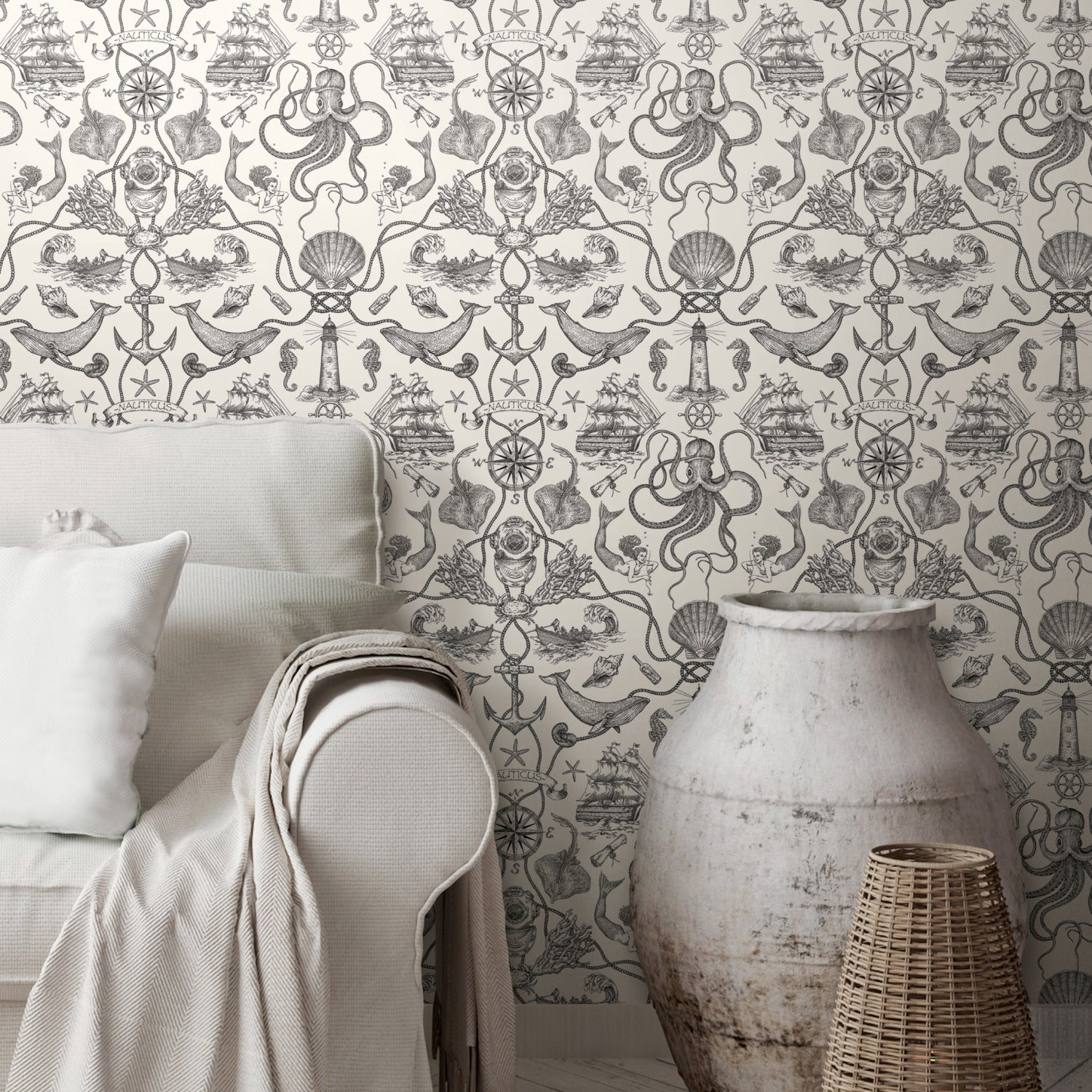 Deep Sea Toile Peel and Stick Wallpaper in a room setting