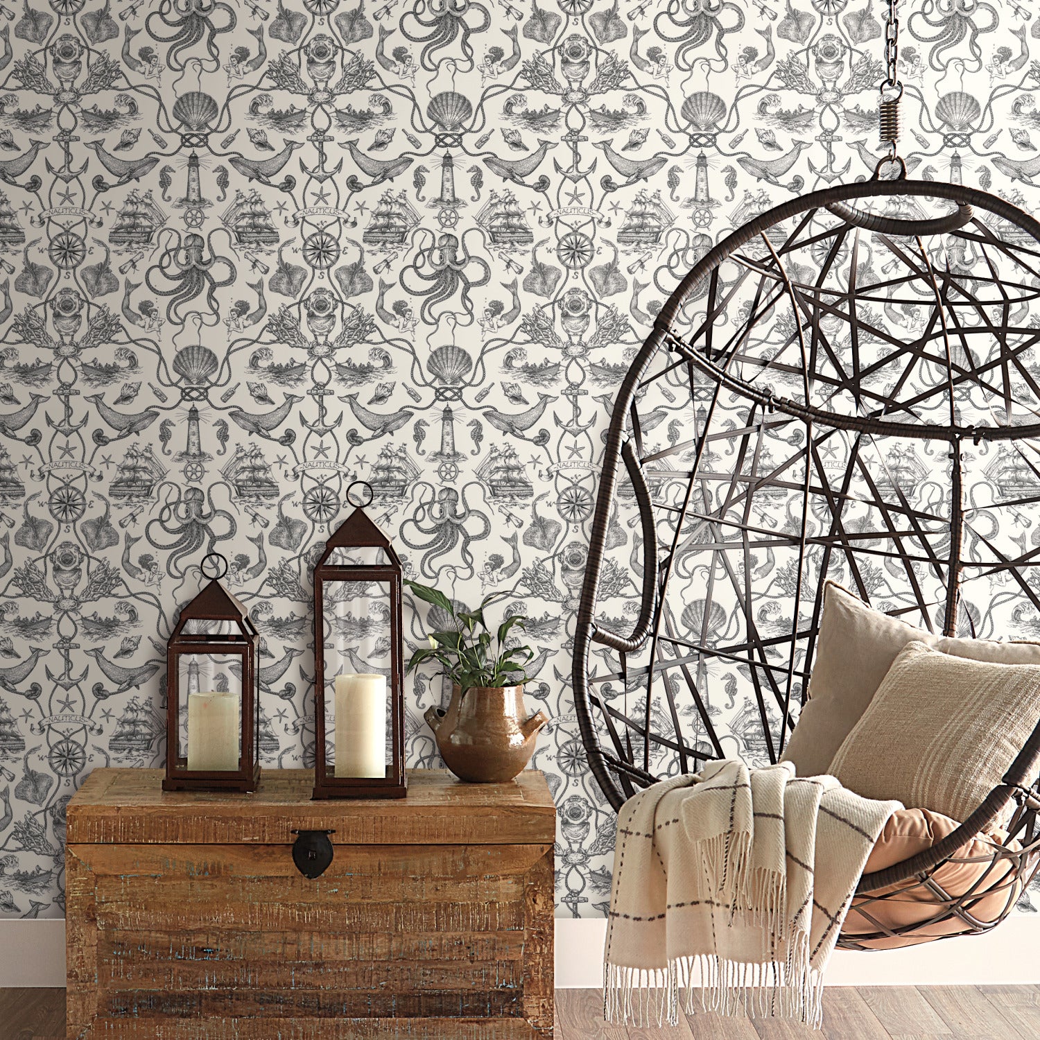 Deep Sea Toile Peel and Stick Wallpaper in a room setting