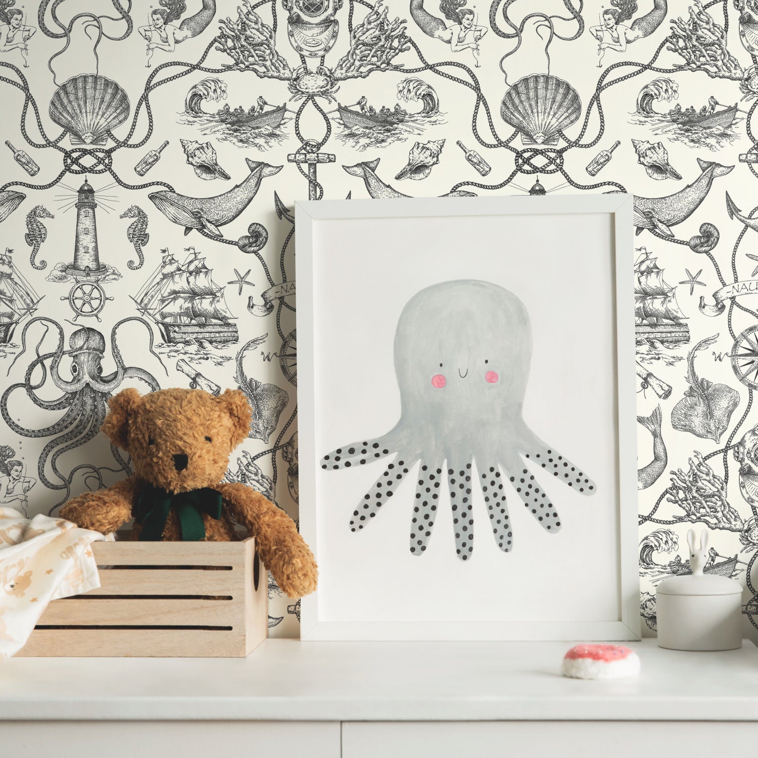 Deep Sea Toile Peel and Stick Wallpaper in a room setting