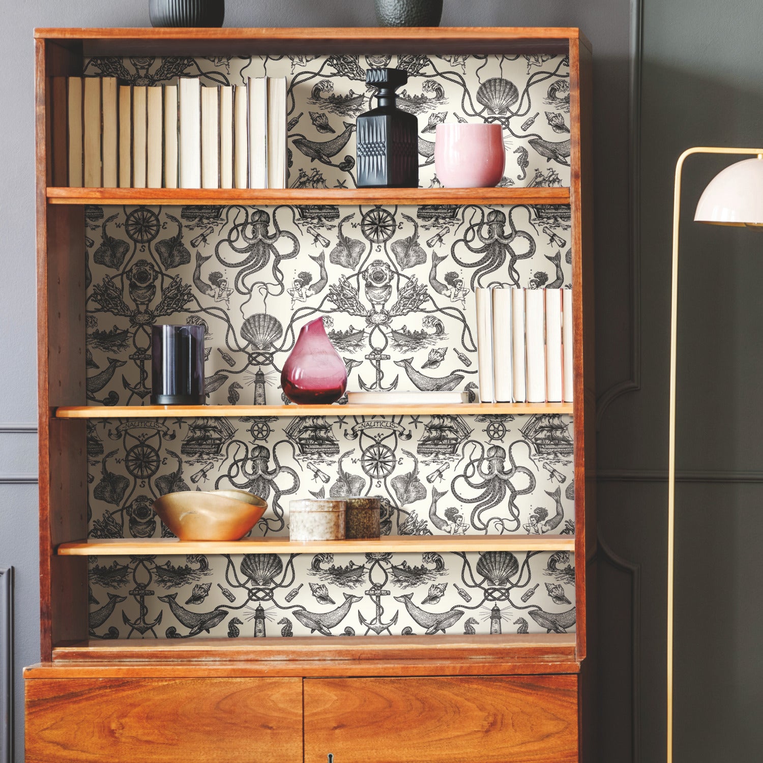 Deep Sea Toile Peel and Stick Wallpaper in a room setting