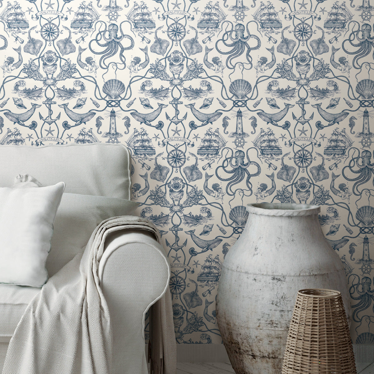 Deep Sea Toile Peel and Stick Wallpaper in a room setting