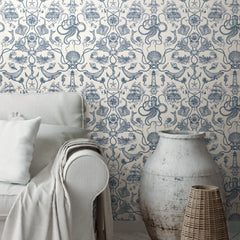 Deep Sea Toile Peel and Stick Wallpaper in a room setting