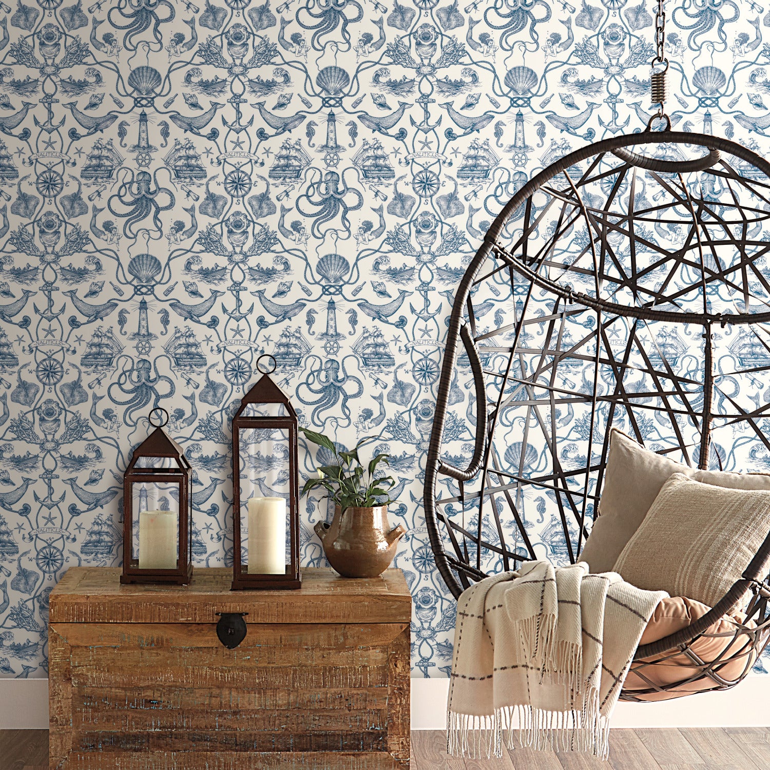 Deep Sea Toile Peel and Stick Wallpaper in a room setting