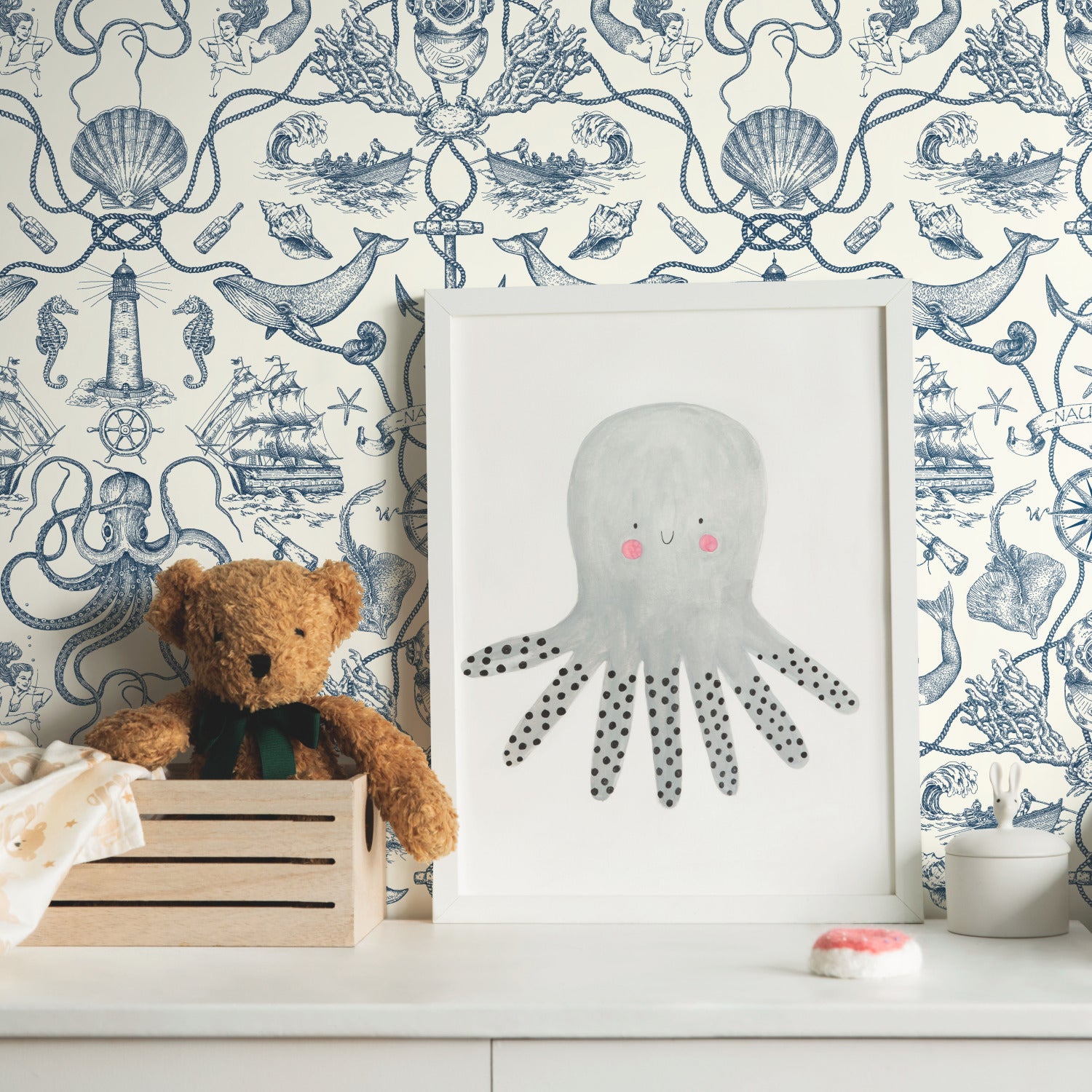 Deep Sea Toile Peel and Stick Wallpaper in a room setting