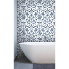 Deep Sea Toile Peel and Stick Wallpaper in a room setting
