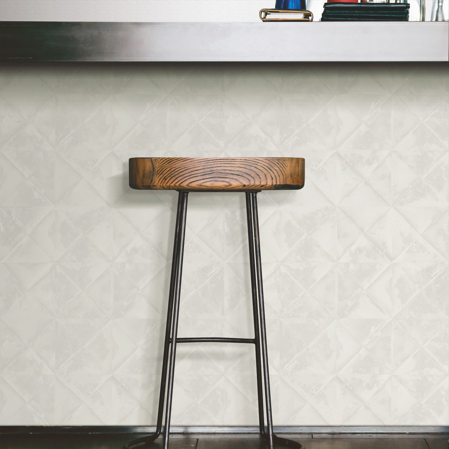 Reclaimed Tin Diamond P&S Wallpaper in a room setting