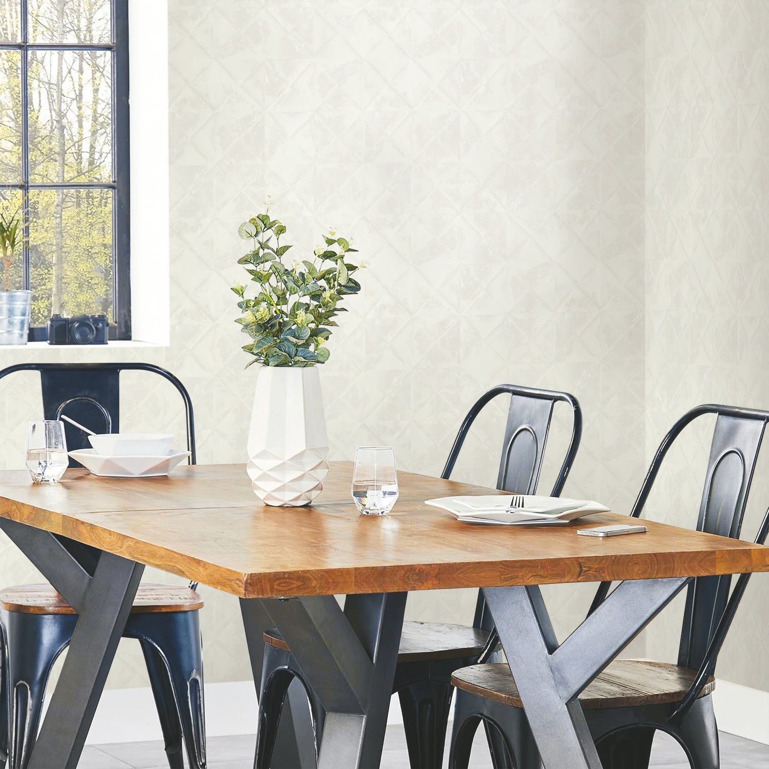 Reclaimed Tin Diamond P&S Wallpaper in a room setting