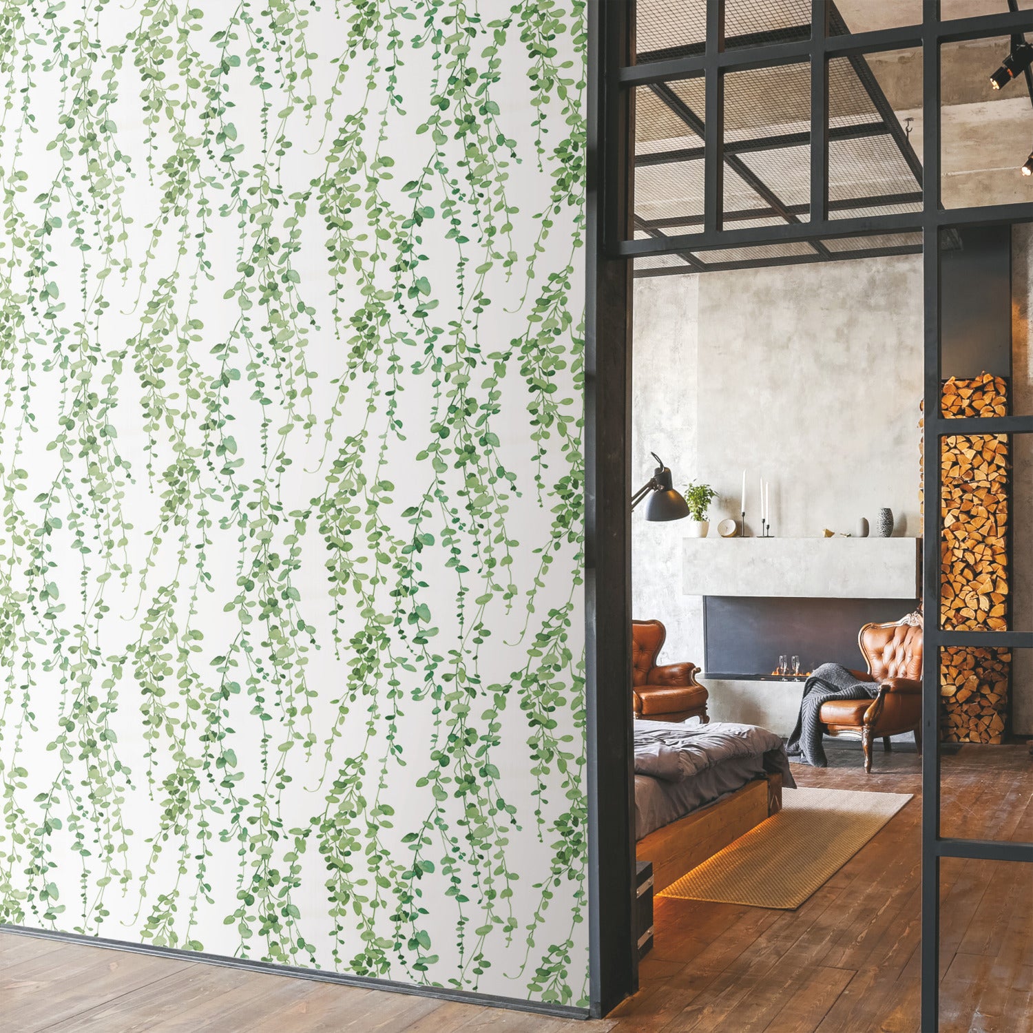 Hanging Watercolor Vines Peel and Stick Wallpaper in a room setting