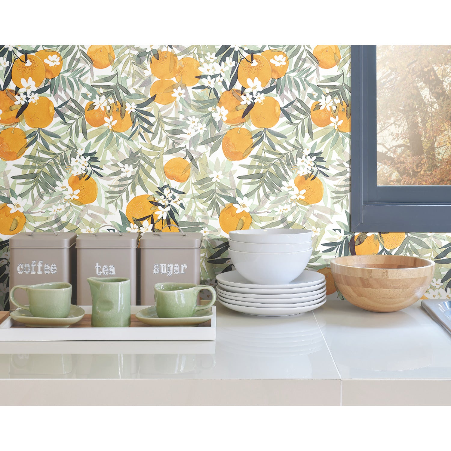 Orange Blossom Peel and Stick Wallpaper in a room setting