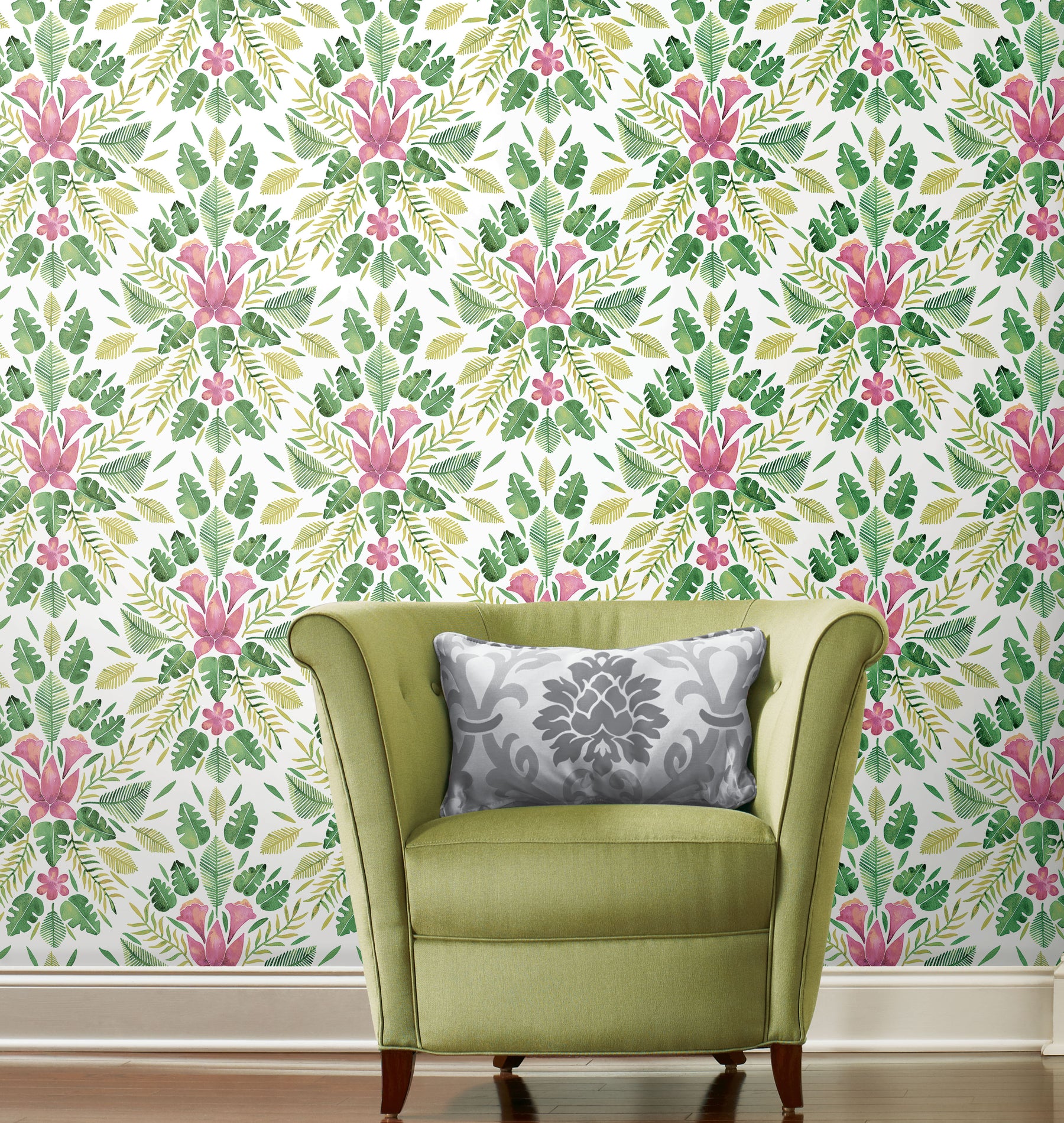 Green Cat Coquillette Tropical Peel and Stick Wallpaper in a room setting