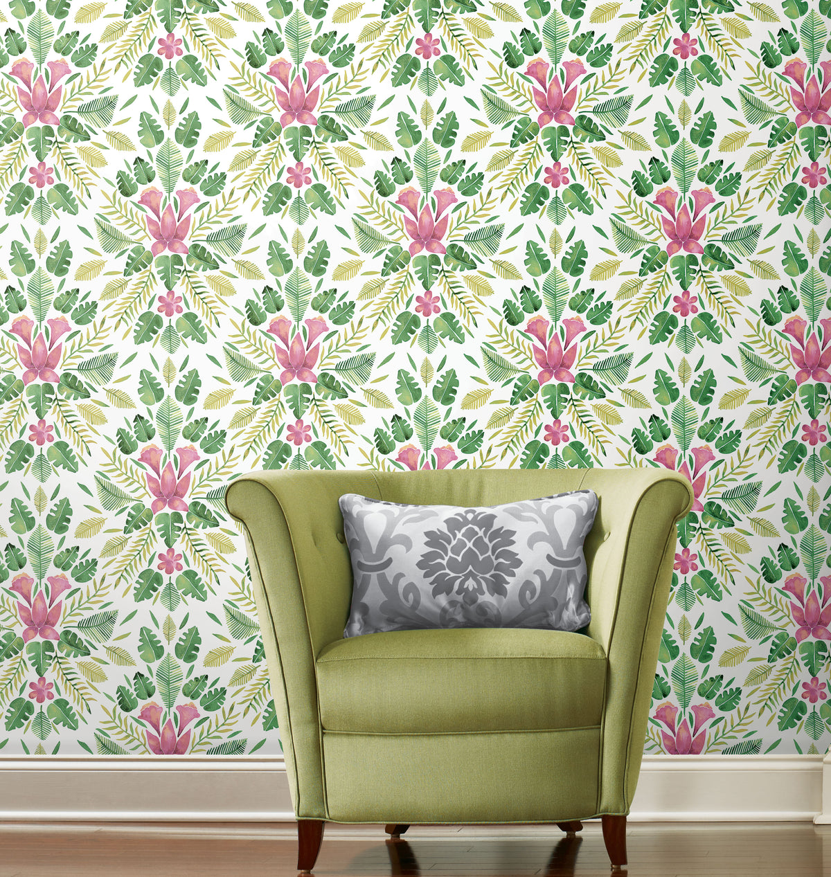 Green Cat Coquillette Tropical Peel and Stick Wallpaper in a room setting