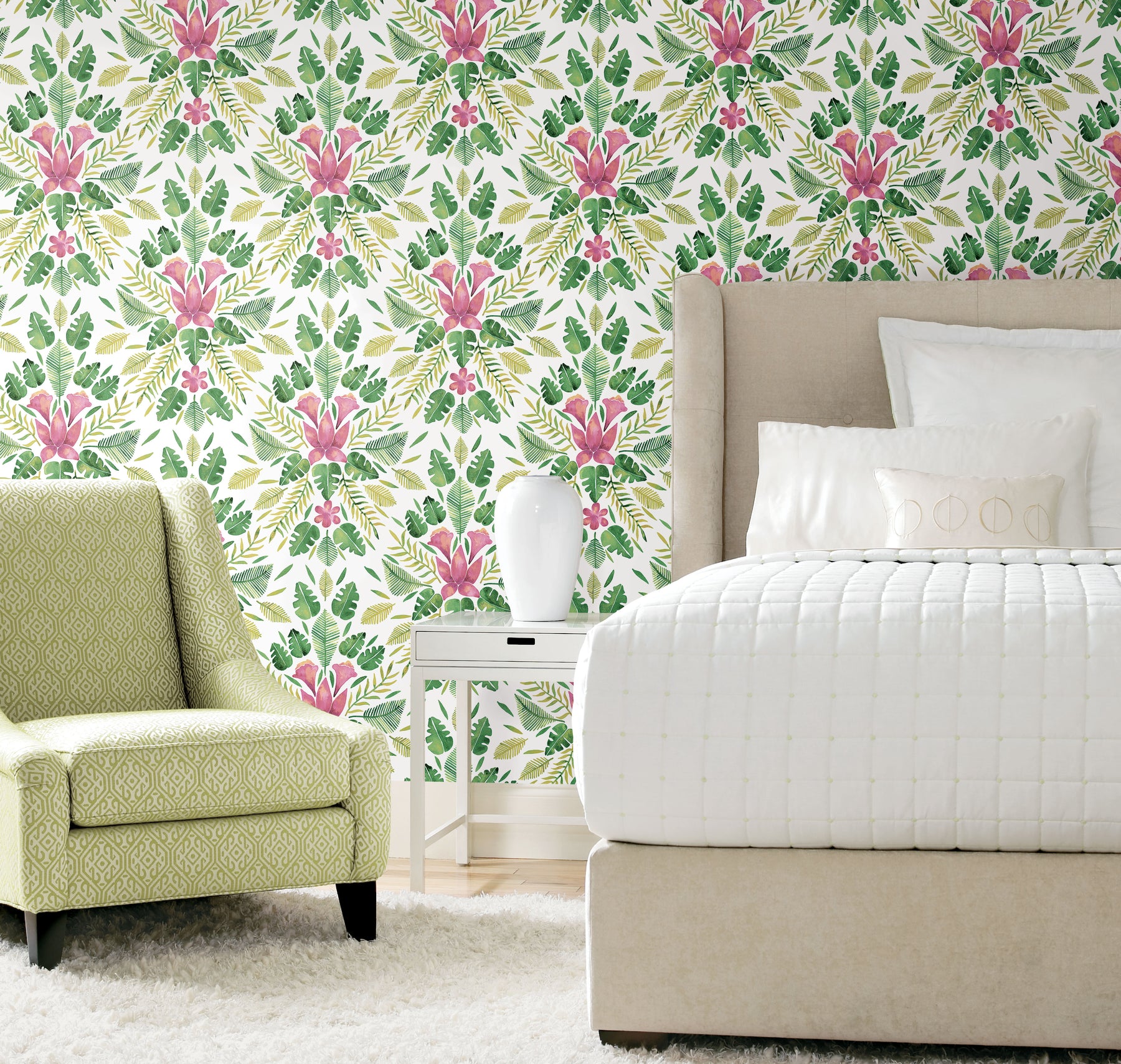 Green Cat Coquillette Tropical Peel and Stick Wallpaper in a room setting