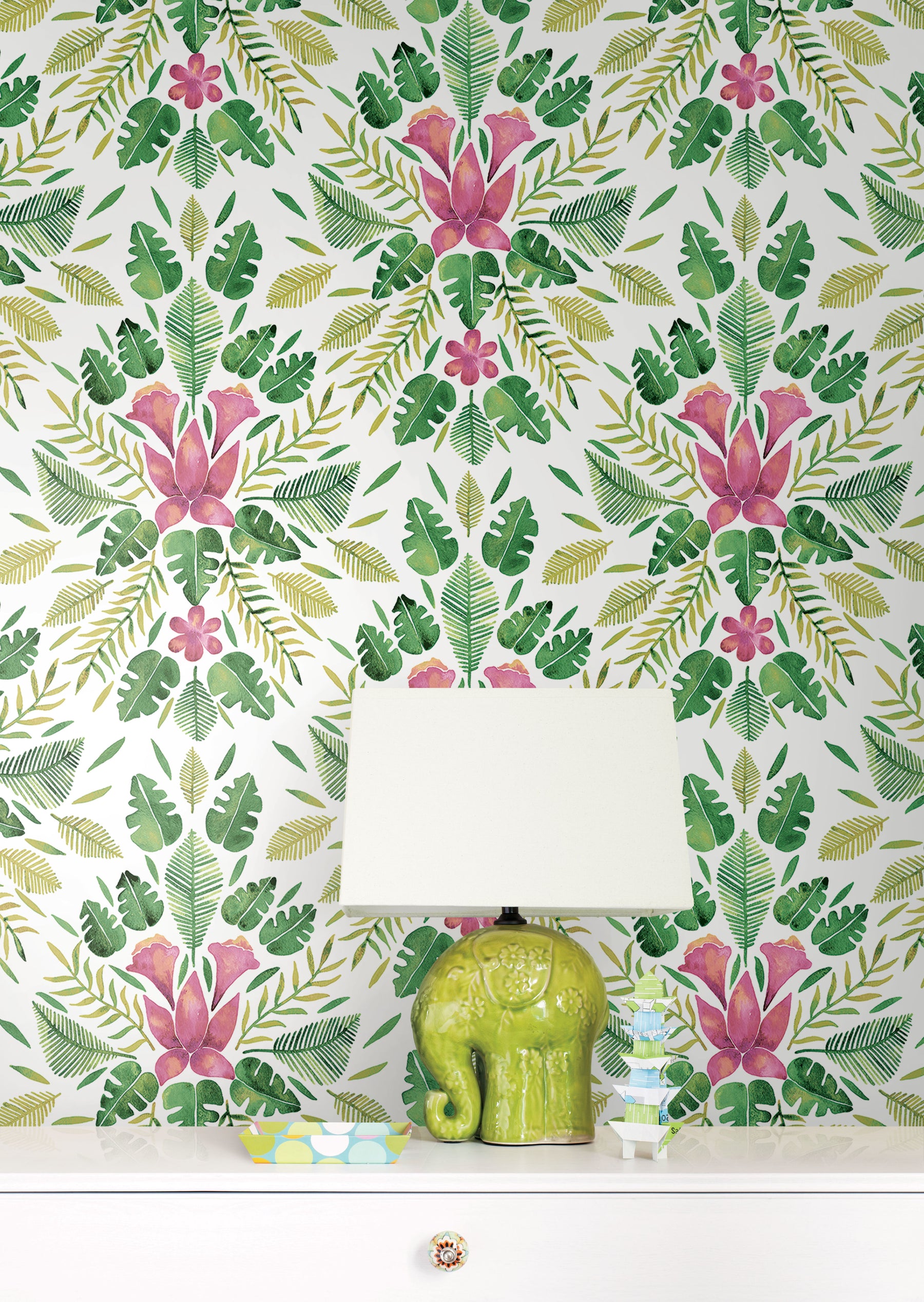 Green Cat Coquillette Tropical Peel and Stick Wallpaper in a room setting